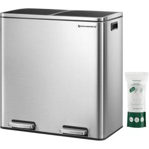 imageSONGMICS Trash Can 2 x 106 Gallon 2 x 40 L Garbage Can for Kitchen with 15 Trash Bags 2 Compartments Plastic Inner Buckets and Hinged Lids Airtight Black ULTB730B80Silver  Black