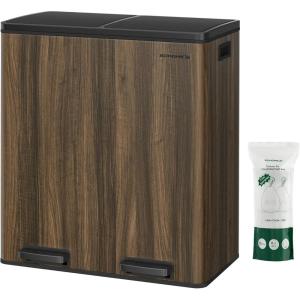 imageSONGMICS Trash Can 2 x 106 Gallon 2 x 40 L Garbage Can for Kitchen with 15 Trash Bags 2 Compartments Plastic Inner Buckets and Hinged Lids Airtight Black ULTB730B80Dark Walnut