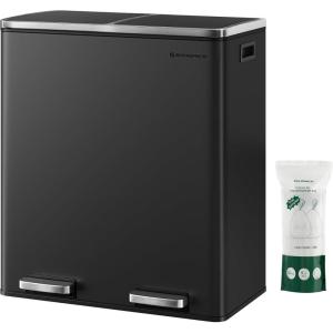 imageSONGMICS Trash Can 2 x 106 Gallon 2 x 40 L Garbage Can for Kitchen with 15 Trash Bags 2 Compartments Plastic Inner Buckets and Hinged Lids Airtight Black ULTB730B80Black