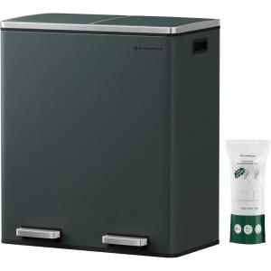 imageSONGMICS Trash Can 2 x 106 Gallon 2 x 40 L Garbage Can for Kitchen with 15 Trash Bags 2 Compartments Plastic Inner Buckets and Hinged Lids Airtight Black ULTB730B80GreenishGray