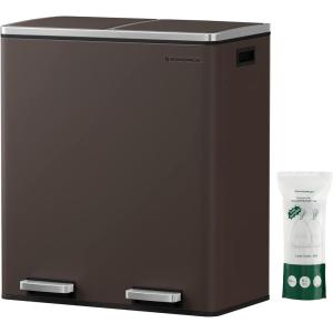 imageSONGMICS Trash Can 2 x 106 Gallon 2 x 40 L Garbage Can for Kitchen with 15 Trash Bags 2 Compartments Plastic Inner Buckets and Hinged Lids Airtight Black ULTB730B80Brown