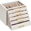 imageSONGMICS 3Layer Jewelry Box with Glass Window Jewelry Storage Organizer with 3 Drawers Golden Handles for Rings Earrings Bracelets Gift Idea Cream White 63 x 94 x 49 Inches UJBC206WD02SCream White
