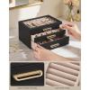 imageSONGMICS 3Layer Jewelry Box with Glass Window Jewelry Storage Organizer with 3 Drawers Golden Handles for Rings Earrings Bracelets Gift Idea Cream White 63 x 94 x 49 Inches UJBC206WD02SBlack