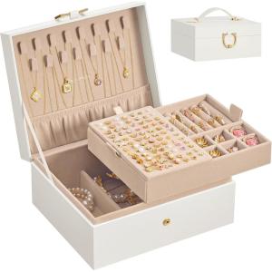 imageSONGMICS 2Layer Jewelry Box Organizer Jewelry Storage Case with Removable Tray and Handle for Necklaces Earrings Rings Bracelets 67 x 81 x 37 Inches Gift Idea Jelly Pink UJBC208SA01SCream White
