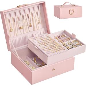 imageSONGMICS 2Layer Jewelry Box Organizer Jewelry Storage Case with Removable Tray and Handle for Necklaces Earrings Rings Bracelets 67 x 81 x 37 Inches Gift Idea Jelly Pink UJBC208SA01SJelly Pink