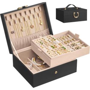 imageSONGMICS 2Layer Jewelry Box Organizer Jewelry Storage Case with Removable Tray and Handle for Necklaces Earrings Rings Bracelets 67 x 81 x 37 Inches Gift Idea Jelly Pink UJBC208SA01SBlack
