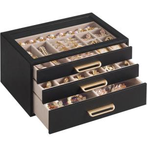 imageSONGMICS 3Layer Jewelry Box with Glass Window Jewelry Storage Organizer with 3 Drawers Golden Handles for Rings Earrings Bracelets Gift Idea Cream White 63 x 94 x 49 Inches UJBC206WD02SBlack