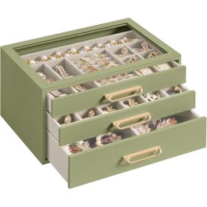 imageSONGMICS 3Layer Jewelry Box with Glass Window Jewelry Storage Organizer with 3 Drawers Golden Handles for Rings Earrings Bracelets Gift Idea Cream White 63 x 94 x 49 Inches UJBC206WD02SSage Green