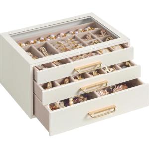 imageSONGMICS 3Layer Jewelry Box with Glass Window Jewelry Storage Organizer with 3 Drawers Golden Handles for Rings Earrings Bracelets Gift Idea Cream White 63 x 94 x 49 Inches UJBC206WD02SCream White