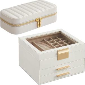 imageSONGMICS 3Tier Jewelry Organizer with Glass Lid and Rectangular Travel Jewelry Box Bundle with Drawers Mirror PU Modern Gift Idea Cloud White UJBC239WT and UJBC180W01