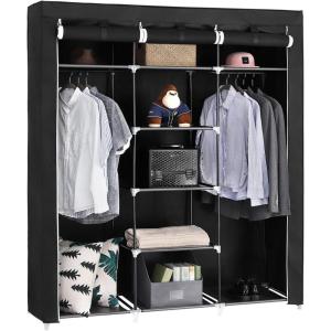 imageSONGMICS Portable Clothes Closet NonWoven Fabric Wardrobe with 2 Hanging Rods 9 Storage Shelves Storage Organizer Black URYG12H