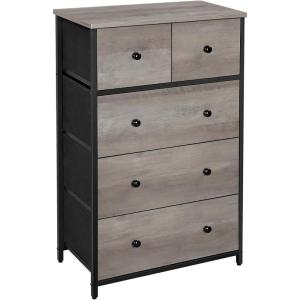 imageSONGMICS Drawer Dresser for Storage with 5 Fabric Drawers Wooden Front and Top for Living Room Hallway Nursery Brown and Black ULGS45HGreige