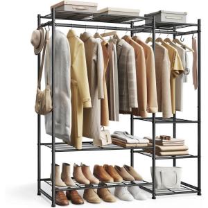 imageSONGMICS Portable Closet Wardrobe Clothes Rack Closet Organizers and Storage Freestanding Clothing Rack with 7 Shelves 2 Hanging Rods Metal Frame Rack for Bedroom Entryway Black ULGR010BZ03S491L