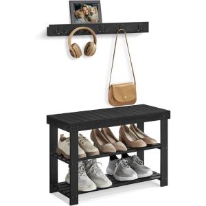 imageSONGMICS Bamboo Shoe Rack Bench with Coat Rack 2 Tier Shoe Shelves for Entryway Living Room Bedroom 276 Inches Wide Ink Black ULCR004B01V1