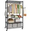 imageSONGMICS HeavyDuty Rolling Clothes Rack Garment Rack Portable Closet on Wheels with Adjustable Mesh Shelves and Hanging Rails Hooks 158 x 433 x 783 Inches Ink Black ULGR417BH01354W with Storage Shelves