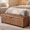 imageSONGMICS Storage Ottoman with Solid Wood Frame Upholstered End of Bed Bench Window Seat Tufted Cushion for Living Room Bedroom Easy Assembly 157 x 429 x 177 Inches Slate Gray ULSF009GN01Coffee Brown