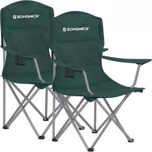 imageSONGMICS 2 Pack Folding Camping Chairs Load 330 lb Cup Holder and High Backrest HeavyDuty Structure for Lawn Garden Fishing Terrace Dark Green UGCB08GNGreen