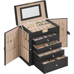 imageSONGMICS 6Layer Jewelry Box Organizer with 5 Drawers Jewelry Storage Case with Lock and Mirror Large Storage Capacity Gift for Loved Ones for Necklaces Watches Jelly Pink UJBC152SA02SInk Black