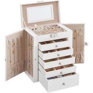 imageSONGMICS 6Layer Jewelry Box Organizer with 5 Drawers Jewelry Storage Case with Lock and Mirror Large Storage Capacity Gift for Loved Ones for Necklaces Watches Jelly Pink UJBC152SA02SWhite