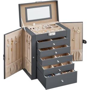 imageSONGMICS 6Layer Jewelry Box Organizer with 5 Drawers Jewelry Storage Case with Lock and Mirror Large Storage Capacity Gift for Loved Ones for Necklaces Watches Jelly Pink UJBC152SA02SGray
