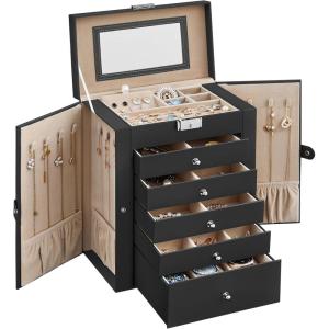 imageSONGMICS 6Layer Jewelry Box Organizer with 5 Drawers Jewelry Storage Case with Lock and Mirror Large Storage Capacity Gift for Loved Ones for Necklaces Watches Jelly Pink UJBC152SA02SBlack