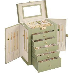 imageSONGMICS 6Layer Jewelry Box Organizer with 5 Drawers Jewelry Storage Case with Lock and Mirror Large Storage Capacity Gift for Loved Ones for Necklaces Watches Jelly Pink UJBC152SA02SSage Green