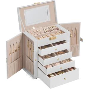 imageSONGMICS 6Layer Jewelry Box Organizer with 5 Drawers Jewelry Storage Case with Lock and Mirror Large Storage Capacity Gift for Loved Ones for Necklaces Watches Jelly Pink UJBC152SA02SCream White