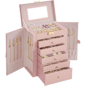 imageSONGMICS 6Layer Jewelry Box Organizer with 5 Drawers Jewelry Storage Case with Lock and Mirror Large Storage Capacity Gift for Loved Ones for Necklaces Watches Jelly Pink UJBC152SA02SJelly Pink