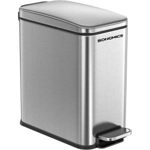 imageSONGMICS Bathroom Trash Can and Toilet Brush Set 13 Gallon Small Trash Bin with Lid Slim for Small Spaces Stainless Steel Garbage Can Soft Close Silver ULTB560E0501Silver