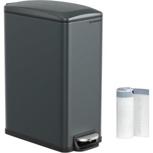 imageSONGMICS Bathroom Trash Can and Toilet Brush Set 13 Gallon Small Trash Bin with Lid Slim for Small Spaces Stainless Steel Garbage Can Soft Close Silver ULTB560E0501Charcoal Gray