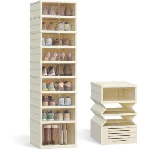 imageSONGMICS Foldble Shoe Storage Organizer for Closet Stackable Sneaker Cabinet with Magnetic Door Large Plastic Container Bins for Living Room Entryway 9Tier for 18 Pairs Cream White ULSP918WD01Cream White
