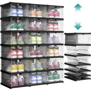 imageSONGMICS Foldble Shoe Storage Organizer for Closet Stackable Sneaker Cabinet with Magnetic Door Large Plastic Container Bins for Living Room Entryway 9Tier for 18 Pairs Cream White ULSP918WD01Transparent  Ink Black