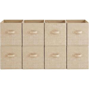 imageSONGMICS HOME Foldable Storage Cubes Set of 8 Fabric Shelf Organizer Bins with Handles Closet Storage Boxes for Clothes 12 x 12 x 12 Inches GrayBeige
