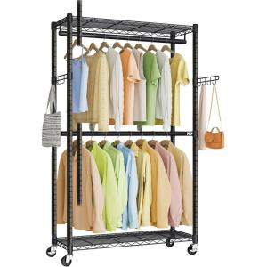 imageSONGMICS HeavyDuty Rolling Clothes Rack Garment Rack Portable Closet on Wheels with Adjustable Mesh Shelves and Hanging Rails Hooks 158 x 433 x 783 Inches Ink Black ULGR417BH01354W without Fabric Cover and Storage Shelves