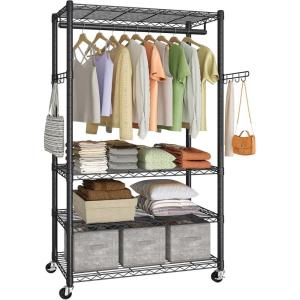 imageSONGMICS HeavyDuty Rolling Clothes Rack Garment Rack Portable Closet on Wheels with Adjustable Mesh Shelves and Hanging Rails Hooks 158 x 433 x 783 Inches Ink Black ULGR417BH01354W with Storage Shelves