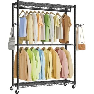 imageSONGMICS HeavyDuty Rolling Clothes Rack Garment Rack Portable Closet on Wheels with Adjustable Mesh Shelves and Hanging Rails Hooks 158 x 433 x 783 Inches Ink Black ULGR417BH01433W without Fabric Cover and Storage Shelves