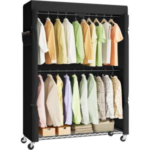imageSONGMICS HeavyDuty Rolling Clothes Rack Garment Rack Portable Closet on Wheels with Adjustable Mesh Shelves and Hanging Rails Hooks 158 x 433 x 783 Inches Ink Black ULGR417BH01433W with Fabric Cover