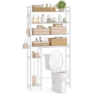 imageSONGMICS Over the Toilet Storage 4Tier Over Toilet Bathroom Organizer with Adjustable Shelves 102 x 327 x 728 Inches SpaceSaving Cloud White UBTS017W01Cloud White