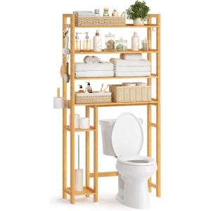 imageSONGMICS Over the Toilet Storage 4Tier Over Toilet Bathroom Organizer with Adjustable Shelves 102 x 327 x 728 Inches SpaceSaving Cloud White UBTS017W01Natural Beige