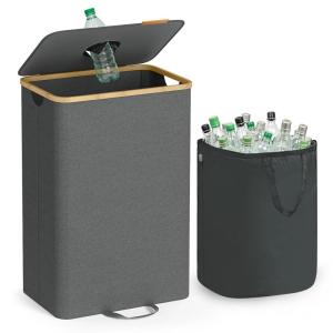 imageSONGMICS Recycling Bin for Kitchen 264 Gallon Bottle Recycling Container Collection Bin for Metal Plastic Paper Glass Inner Bag with Handles Kitchen Slate Gray and Natural Beige URRB509G01Slate Gray