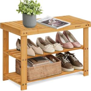 imageSONGMICS Shoe Rack Bench 3Tier Bamboo Shoe Storage Organizer Entryway Bench Holds Up to 286 lb 113 x 429 x 178 Inches for Entryway Bathroom Bedroom Ink Black ULBS110B101Natural