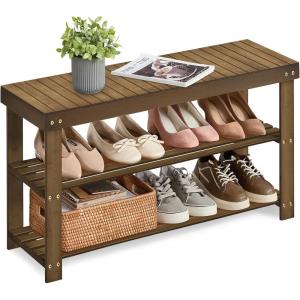 imageSONGMICS Shoe Rack Bench 3Tier Bamboo Shoe Storage Organizer Entryway Bench Holds Up to 286 lb 113 x 429 x 178 Inches for Entryway Bathroom Bedroom Ink Black ULBS110B101Yellow Brown