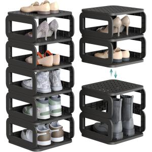 imageSONGMICS Shoe Rack Shoe Organizer 12 Shelves Shoe Storage Narrow Shoe Shelf Open Shelf for Entryway Living Room Bathroom SpaceSaving Cappuccino Beige ULPC038K01Ink Black