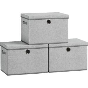 imageSONGMICS Storage Bins with Lids 3 Pack Stackable Fabric Storage Boxes Odorless PP Sheets Foldable Cube Baskets Organizers with Handles 169 x 118 x 118 Inches Dove Gray URFB545GD01Dove Gray
