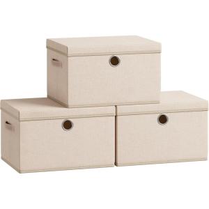 imageSONGMICS Storage Bins with Lids 3 Pack Stackable Fabric Storage Boxes Odorless PP Sheets Foldable Cube Baskets Organizers with Handles 169 x 118 x 118 Inches Dove Gray URFB545GD01Summer Sand