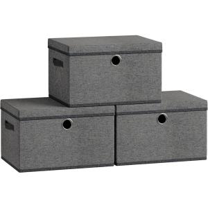 imageSONGMICS Storage Bins with Lids 3 Pack Stackable Fabric Storage Boxes Odorless PP Sheets Foldable Cube Baskets Organizers with Handles 169 x 118 x 118 Inches Dove Gray URFB545GD01Slate Gray