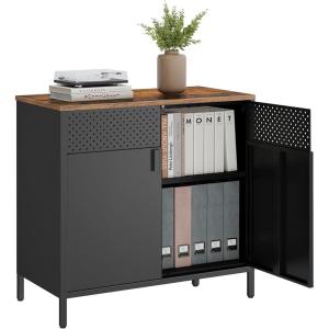 imageSONGMICS Storage Cabinet Metal Cabinet Sideboard with 2 Doors 157 x 433 x 299 Inches Magnetic Closure Adjustable Shelves Steel Frame Rustic Brown and Matte Black ULSC204B01Rustic Brown  Black
