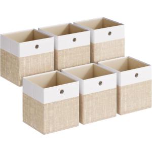 imageSONGMICS Storage Cubes Set of 6 Foldable Fabric Storage Boxes Cube Organizer Boxes with Handles for Closet Shelves Odorless 13 x 13 x 13 Inches Cloud White and Cattail Gray URFB433GM02Cloud White  Sand Beige