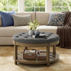 imageSONGMICS Storage Ottoman with Solid Wood Frame Square Upholstered Ottoman Coffee Table Footrest Tufted Cushion for Living Room Easy Assembly 315 x 315 x 177 Inches Summer Sand ULSF008LF01Slate Gray