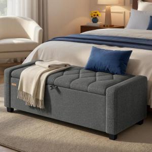 imageSONGMICS Storage Ottoman with Solid Wood Frame Upholstered End of Bed Bench Window Seat Tufted Cushion for Living Room Bedroom Easy Assembly 157 x 429 x 177 Inches Slate Gray ULSF009GN01Slate Gray